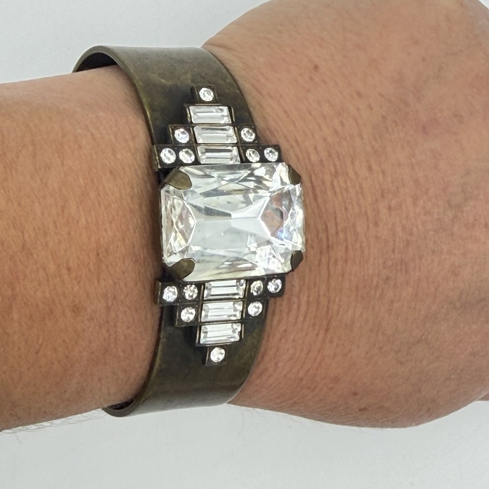 Loren Hope Bracelet Wide Cuff Crystals Brass Heavy Statement